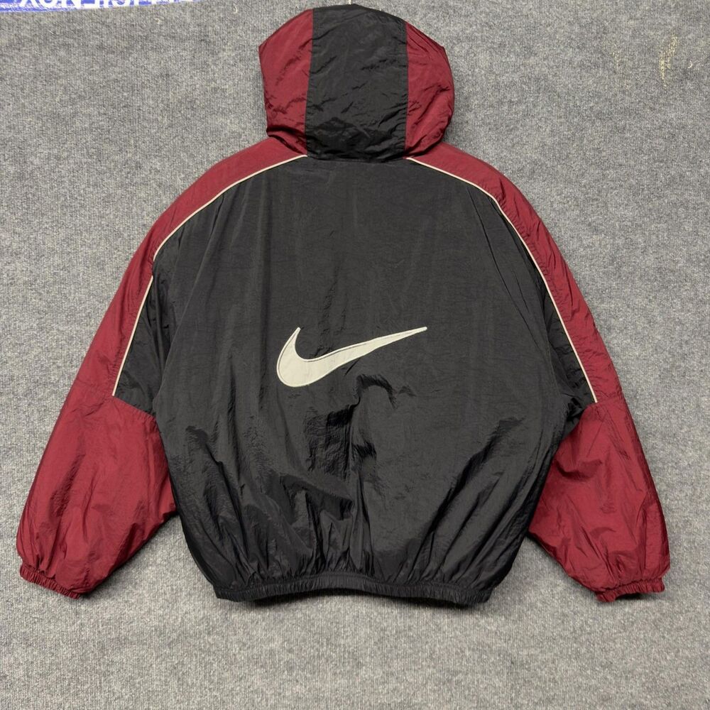 Vintage Nike Hooded Puffer Jacket Youth 12-14 Red Big Swoosh Logo Y2K Street 90s